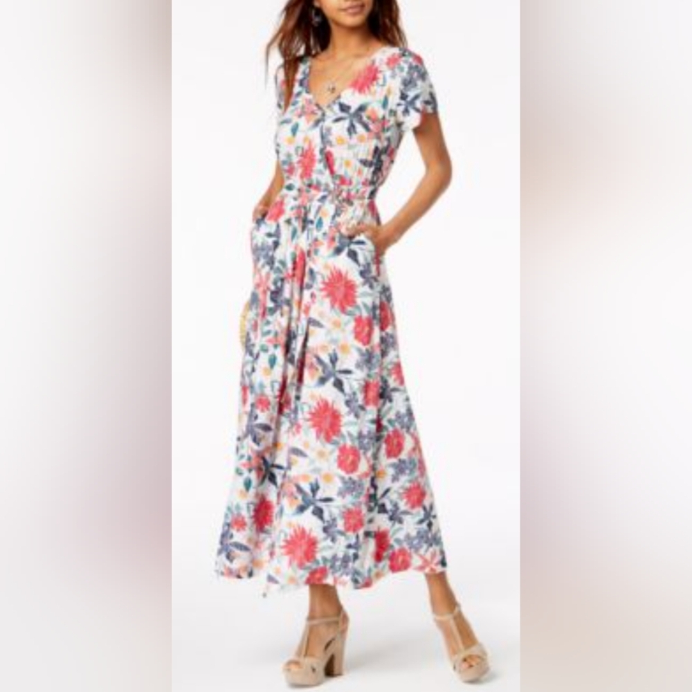 Roxy Ankle Length Wrap Dress Floral Boho Travel Size 6 District Pockets Party